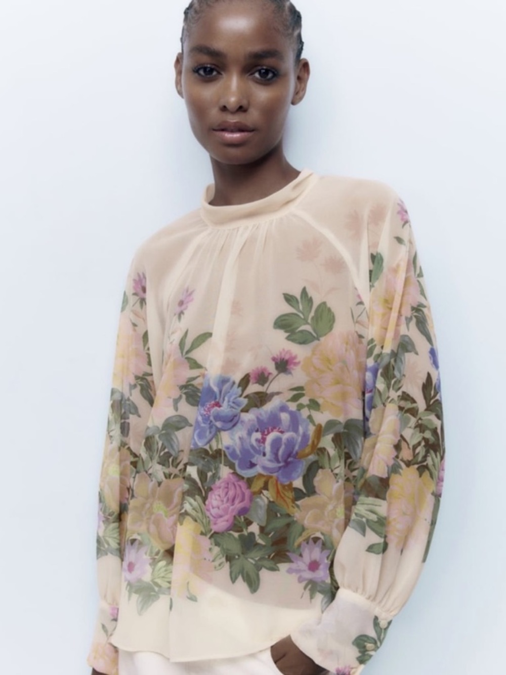 Zara Cream Floral sheer Blouse with tie neck